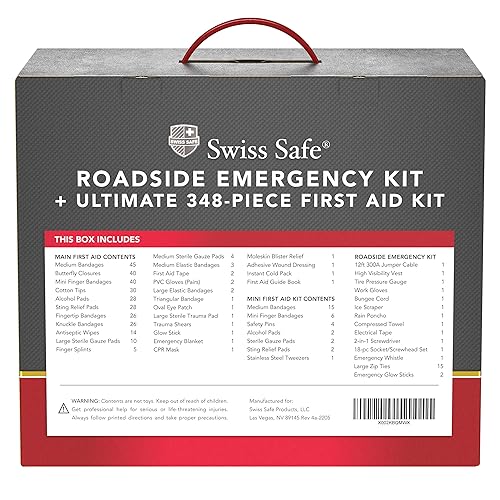 Swiss Safe 2-in-1 378-Pcs Car First Aid Kit, Jumper Cables, Essentials