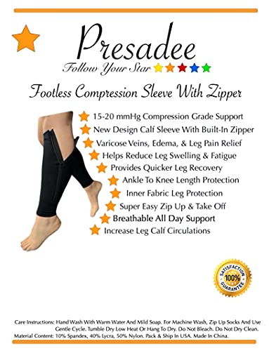 Presadee Calf Zipper 15-20 mmHg Compression Leg Circulation Fatigue Shin Sleeve (Black, 2X-Large) - color: Black, size: 2X-Large (Pack of 1)