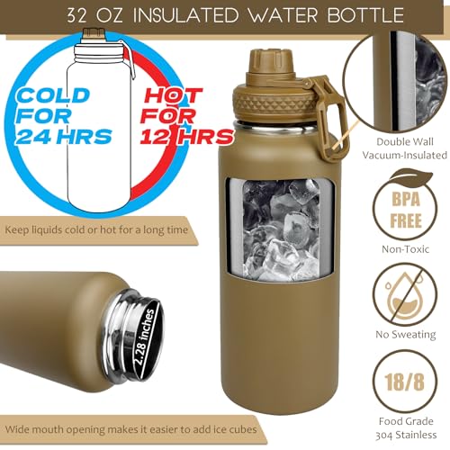 DEFUNX 32 Oz Water Bottle with Sleeve - Insulated Bottle with Strap Stainless Steel Gym Water Bottles for Men Sports Workout Hiking Khaki - color: Brown Bottle with Coyote Brown Sleeve, style: 32 Oz Water Bottle