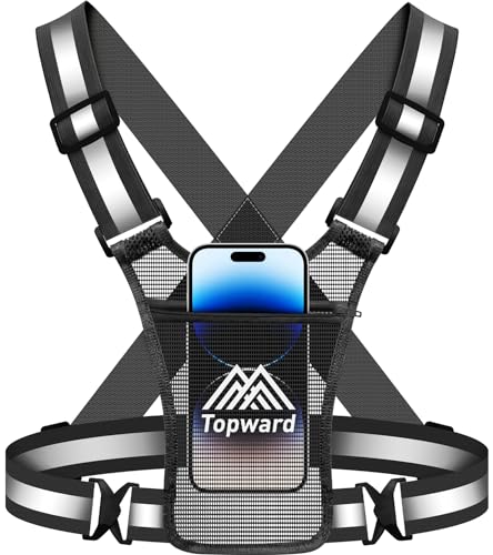 Topward Running Vest Chest Phone Holder for Women Men, Reflective Vest Safety Gear for Dog Walking Cycling - Adjustable Waist/Shoulder - color: Black
