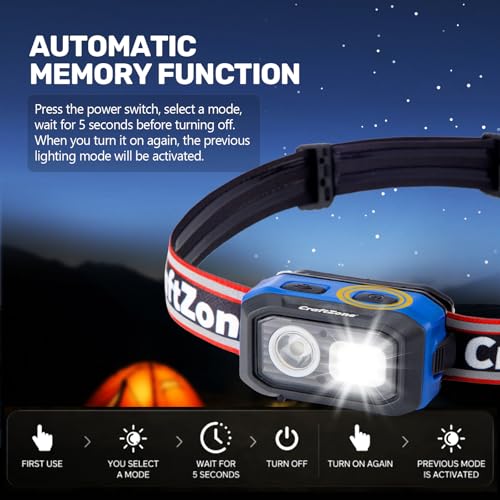 Rechargeable LED Headlamp w/Reflective Headband, 500LM USB-C Waterproof, Motion & Dimming, 4 Modes & Memory, Li-ion/AAA Dual Power, Magnetic 60° Mount for Camp Hike Work - color: Black-Blue
