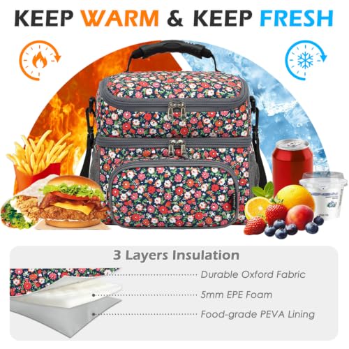 FlowFly Double Layer Cooler Insulated Lunch Bag Adult Lunch Box Large Tote Bag for Men, Women, With Adjustable Strap,Front Pocket and Dual Large Mesh Side Pockets - color: Floral