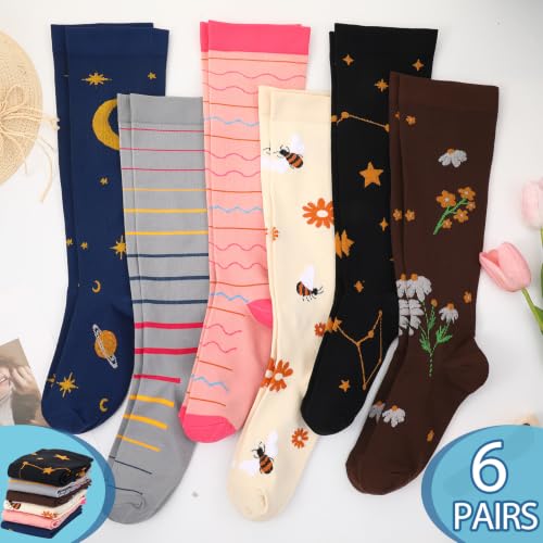 Jspupifip 6 Pairs Plus Size Compression Socks for Women, Wide Calf - color: Black Blue Pink Gray Beige Brown, size: XX-Large