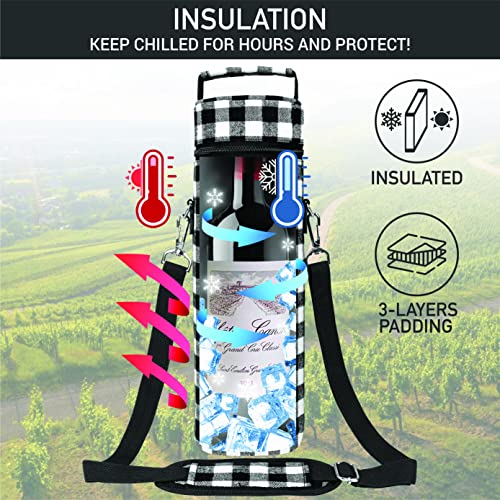 opux Single Bottle Wine Bag Carrier Insulated Cooler Tote Plaid White Black - color: Buffalo Plaid White
