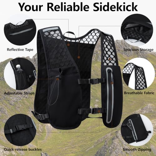 5L Lightweight Running Hydration Vest, Adjustable Reflective Pack for Trail, Cycling, Hiking, Marathon, Men and Women - color: black