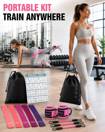 Resistance Bands Set – Resistance Band and Adjustable Ankle Exercise Bands with Cuffs Great Equipment for Training, Working Out, Yoga,Home Gym with Training Guidance & Carry Bag,Set of 8 - color: Pink