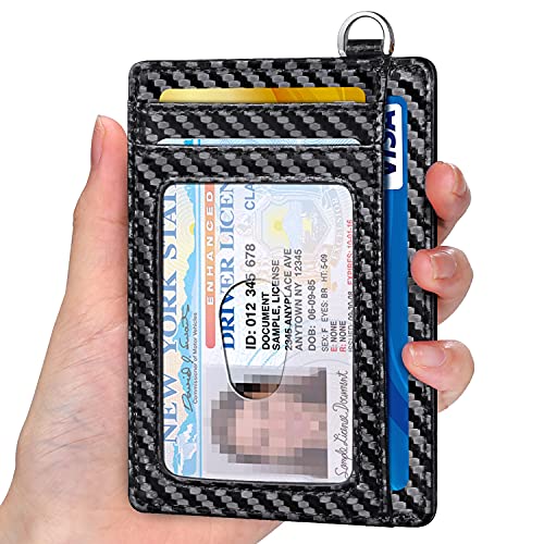 Slim Minimalist Front Pocket Wallet, RFID Blocking Credit Card Holder Wallet with Integrated D-Shackle for Men Women - color: Carbon Fiber Black