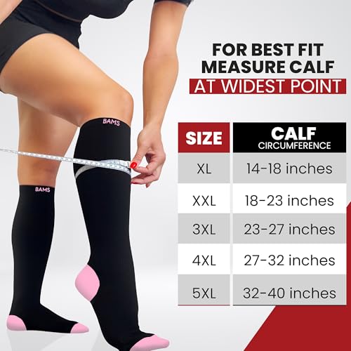 BAMS Plus Size Compression Socks Wide Calf XL XXL XXXL – Graduated Knee-High Support, Viscose from Bamboo Easy-On/Easy-Off - color: Black With Pink, size: XX-Large