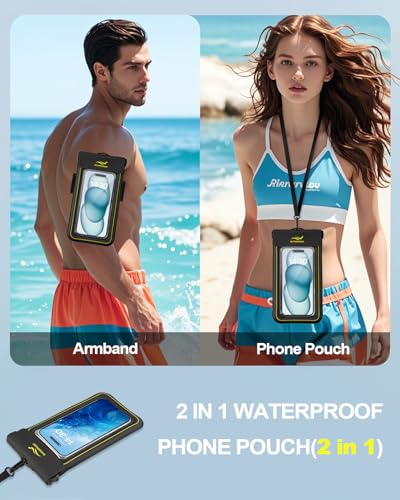 2-in-1 Waterproof Phone Pouch & Phone Armband Floating, Underwater Water Proof Phone Case with Detachable Strap, Waterproof Bags Up to 6.9", Beach Vacation Water Park Essentials Black