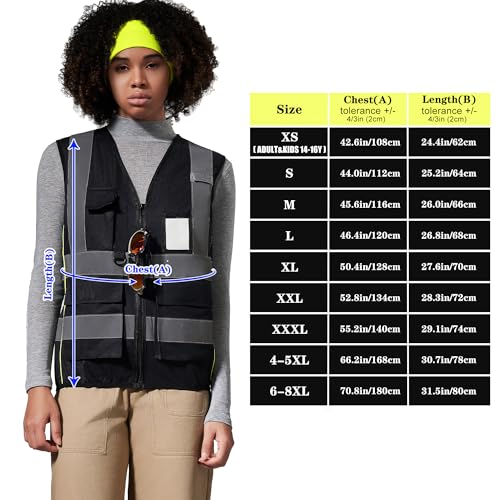A-SAFETY High Vis Safety Vest for Women - Reflective Strips, Multi-Pockets, Zipper Closure - color: Black, size: 3X-Large