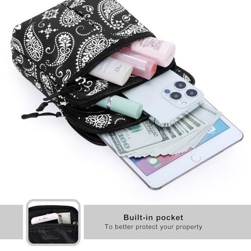 KAMO Multifunction Phone Waist Bag - One Shoulder Diagonal Cross Bag, Smart Case, Outdoor Triple Zip Hipster Crossbody Purse for Women & Men - color: Black-Cashew flower