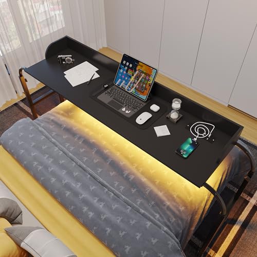 HWB Over Bed Desk with LED Light, Wheels & Charging Station, Black - color: Black