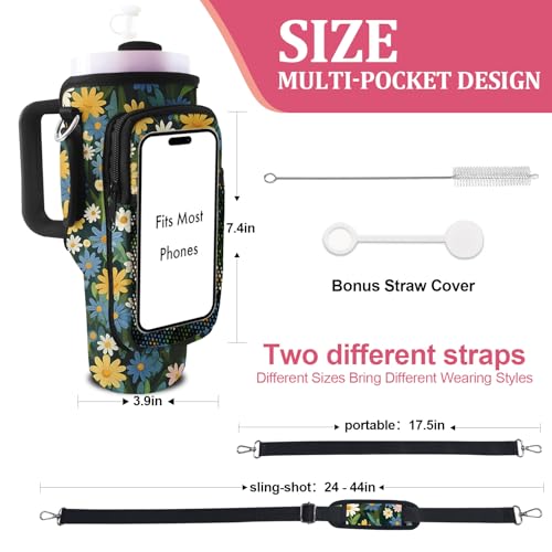 Stanley Carrier Bag for Stanley 40oz/30ozTumbler with Phone with 2 Adjustable Strap,3 Pockets Bottle Stanley Cup Carrier Bag & Case,Accessories for Hiking Travelling - color: Flower and Black Cat