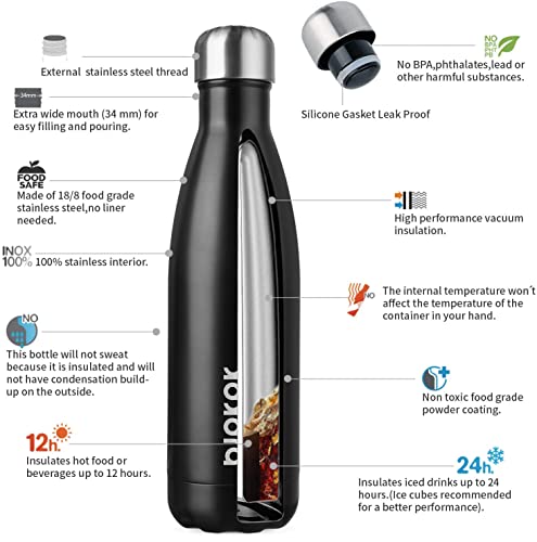 BJPKPK 17 oz Insulated Water Bottle, Stainless Steel Flask, Leak Proof - color: Black, size: 17 Ounces