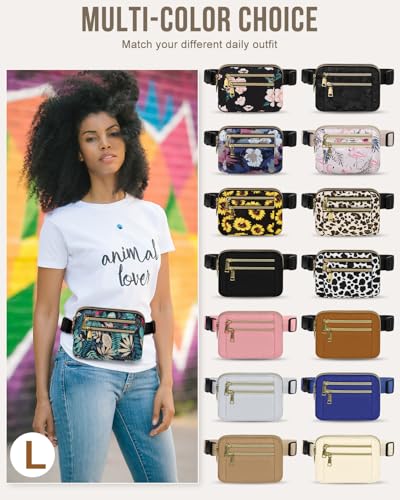 Capolo Fanny Packs for Women 4 Zip Pocket Crossbody Belt Bag Waist Bags - color: Blue Leaves, size: Large