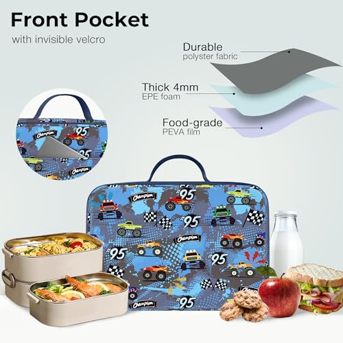 Clastyle Car Insulated Kid Lunch Bag for Boy Lunch Box, Blue Racing Flag - color: Race Car