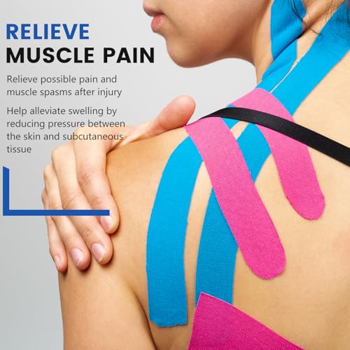 5 Rolls Kinesiology Tape, 5 Colors 2 inch x 16.4 Feet Waterproof Athletic Tape, Uncut Kinetic Tape, Elastic Muscle Tape, Sports Tape, Knee Tape for Exercise and Daily Use - color: Skin Colour, Light Blue, Green, Roseo, Black