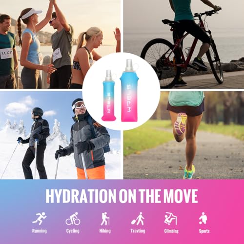 WRELS TPU Soft Flask Lightweight Portable Reusable Water Bottle,BPA Free Collapsible Flask for Hydration Pack in Running Hiking Cycling and Marathon - color: Blue-pink-500ML*2