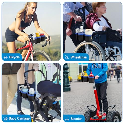 Accmor Stroller Cup Holder with Phone Holder, Bike Cup Holder, Walker Scooter Wheelchair Cup Holder Attachment, Universal Cup Holder for Uppababy Graco Strollers - color: Double Holder-Blue