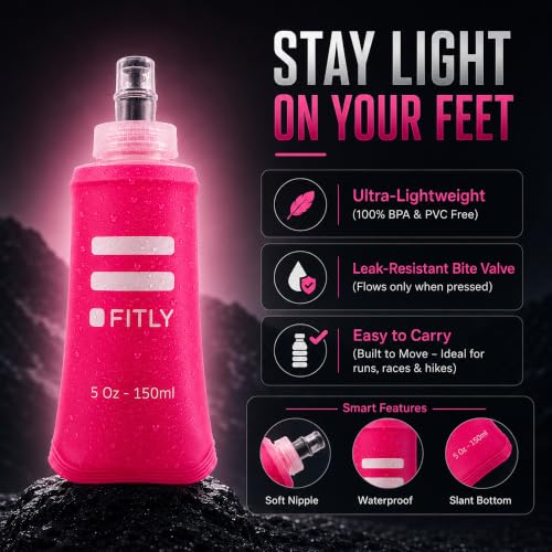 FITLY Soft Flask Running Water Bottle - Collapsible Hydration Flask - color: Pink, size: 5 Ounces