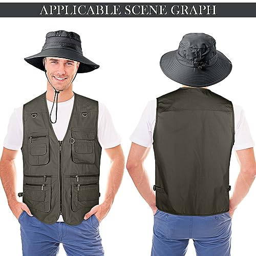 Janmercy 2 Pcs Men's Fishing Vest with Hat for Halloween Cosplay - color: Dark Gray, size: Large