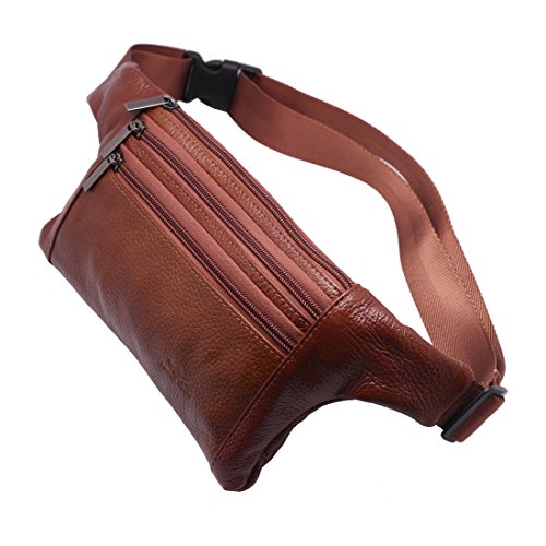 Triple Pocket fanny pack Genuine Leather waist bag slim shoulder bag Hip Purse Adjustable Belt strap Casual Pouch Outdoor Day bag (Tan) - color: Tan