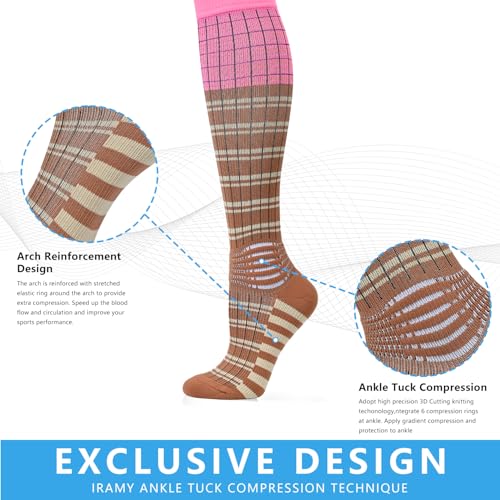 IRAMY Compression Socks Women Ankle Support Gradient Compression Wicking Moisture Knee High Socks 3 Packs - color: Pink+black+brown-3 Packs, size: Medium