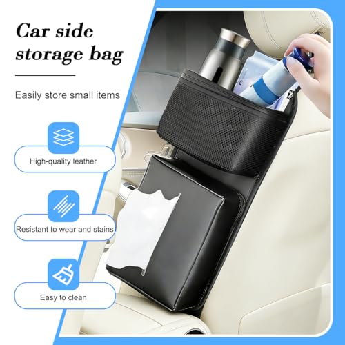 2 in 1 Car Seat Side Cup Holder, Multifunctional Vehicle Hanging Water Bottle Tissue Holder Bag with Adjustable Strap, Auto Interior Seat Side Organizer, Universal for SUV RV Truck