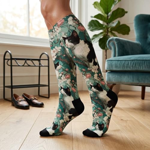 Cute Compression Socks Knee High Support Stockings Women Men - color: Cat Flower