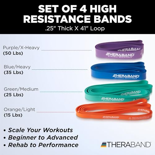 THERABAND High Resistance Super Band Set, Exercise Workout, Therapy, Multi - size: 4 Pack (15-50 lbs)