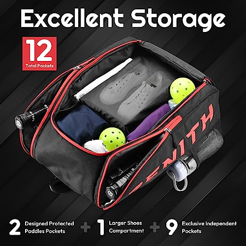 A11N SPORTS Tournament Pickleball Bag Backpack for Men & Women, Holds 4 Paddles, Shoe Compartment, Fence Hook - color: Black/Red