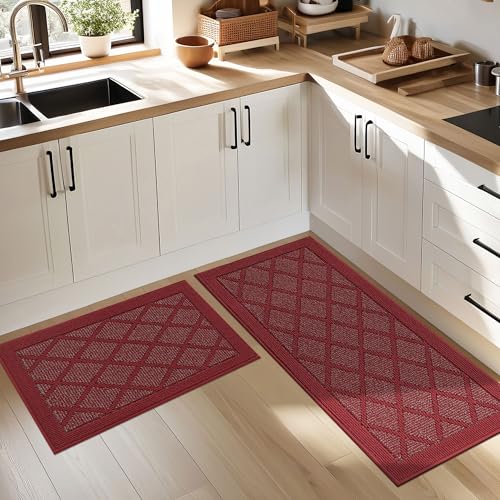 COSY HOMEER Kitchen Rugs, 2 PCS Kitchen Mats Non Slip Washable,Red - color: Red, size: 20"x32" + 20"x48"
