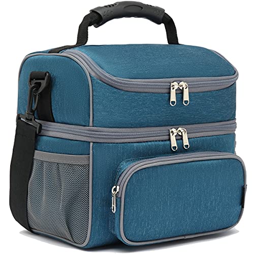 FlowFly Double Layer Cooler Insulated Lunch Bag Adult Lunch Box Large Tote Bag for Men, Women, With Adjustable Strap,Front Pocket and Dual Large Mesh Side Pockets - color: Lake Blue