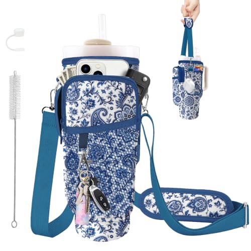 Water Bottle Carrier Bag for Stanley Cup 40/30oz, Neoprene Water Bottle Holder Pouch with 3 Pocket Adjustable Shoulder & Hand Strap - color: Blue Mandala Paisley