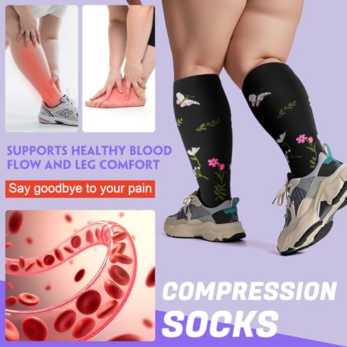 4 Pairs Plus Size Compression Socks,Extra Wide Calf 20-30 mmHg Knee High Compression Socks for Men Women Circulation - color: 01-white Flowers, size: 3X-Large