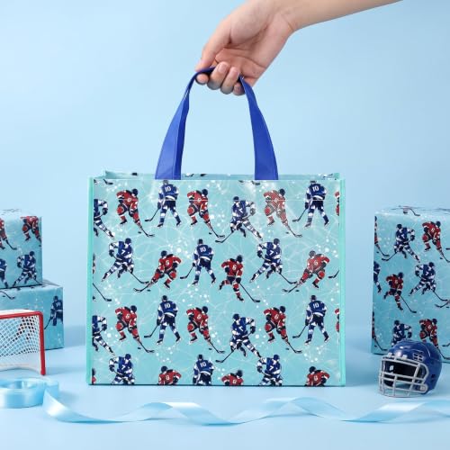 WRAPAHOLIC Large Reusable Ice Hockey Gift Bag with Handles - 10 x 5 x 13 inch - Blue Ice Hockey Player Winter Sports Gift Bags for Birthday, Sports Party, Team Celebration