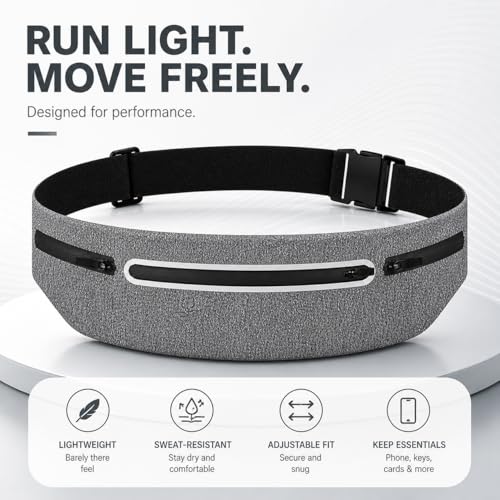 Slim No-Bounce Running Belt - Waterproof Exercise Waist Pack for Marathons, Hiking & Dog Walking - Hidden Travel Money Belt for Phones - color: Light Gray