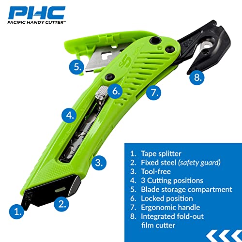 Pacific Handy Cutter S5R Box Cutter | Heavy Duty Utility Knife, Tape Splitter, & Film Cutter | 3-Position Retractable Box Cutter with Easy Blade Change | For Right Handed Users
