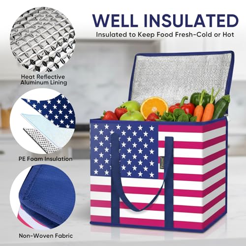 BALEINE Insulated Reusable Grocery Bags with Zippered Top, Large Cooler Bag - color: Patroit Celebration, size: 2 Pack