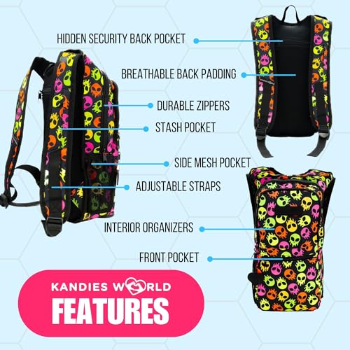 Kandies World Reflective Festival Hydration Pack - 2L Hydropack for Raves, Hiking, Biking, Running, and More (with Anti-Theft Pocket) - style: Skull Alien