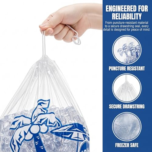 Dicunoy 100 Pieces Ice Bags 10 LB, Reusable Ice Cube Bags with Drawstring, Clear Plastic Storage Bags for Ice Machine Heavy Duty Freezer Safe for Home Party Camping