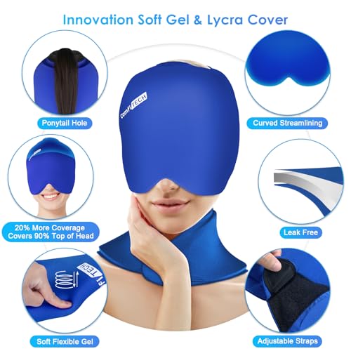ComfiTECH Migraine Relief Cap, Head Neck Ice Pack Wrap Gel Combo, Blue, M - color: Blue