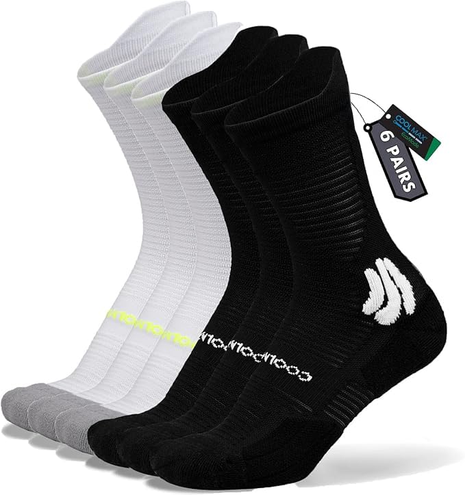 BRISIRA Coolmax Bamboo Viscose Compression Running Socks Crew Mid Calf - color: 3 Pairs Black 3 Pairs White, size: 9-13