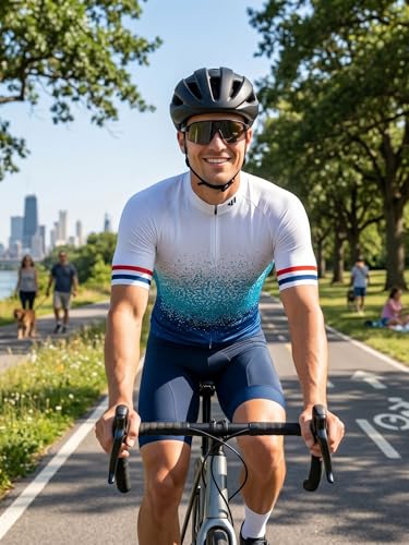 Lo.gas Cycling Jersey Men Short/Long Sleeve Bike Biking Shirts Full Zip with Pockets Road Bicycle Clothes - color: 04 Gradient White Blue, size: XX-Large
