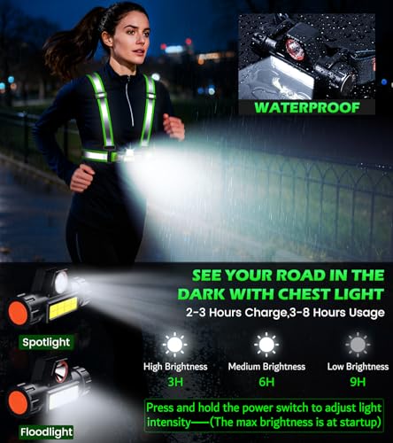 Running Lights for Runners,90°Adjustable LED Reflective Vest Running Gear,Rechargeable Chest Light Up Running Vest Night Walking Safety Gear for Night Walking/Cycling/Jogging - color: Green