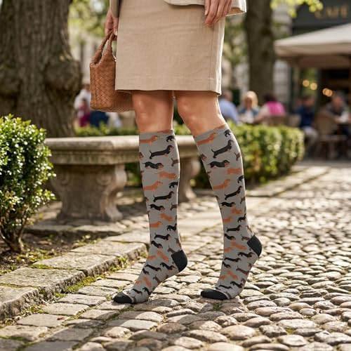 Compression Socks Knee High Support Stockings Women Men - color: Cartoon Happy Dachshund