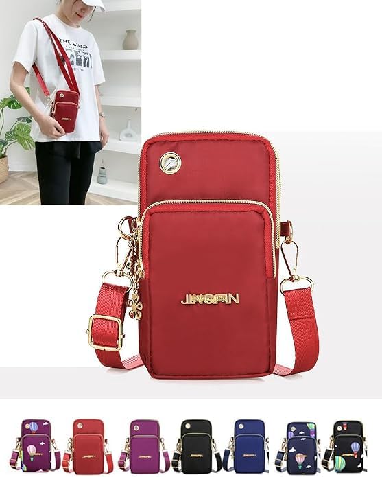 Crossbody Phone Bag Universal Armbands Phone Holder Pouch Case With Earphone Hole, Shoulder Handbag With Adjustable Strap - color: Red