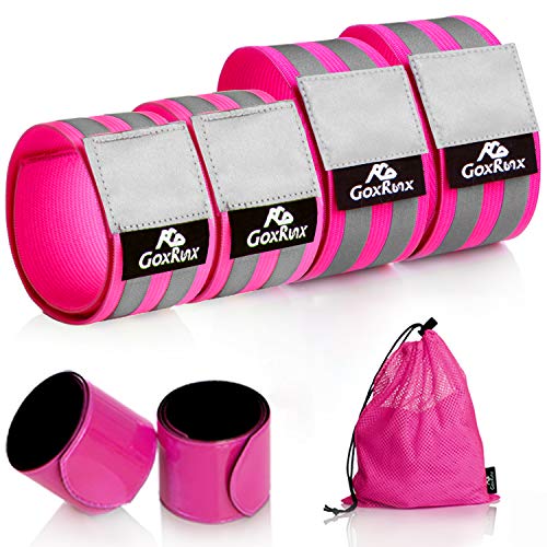 GoxRunx Reflective Bands Running Gear 6 Pack-Adjustable Reflective Armband Arm Wrist Ankle Leg Bands Reflectors -Reflective Tape Straps for Clothing Night Running Cycling Walking -Slap Bracelets - color: Pink