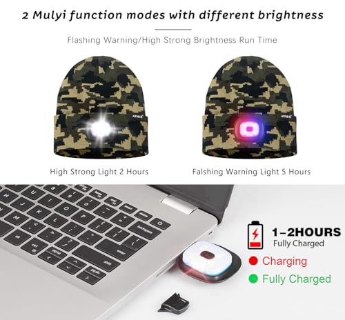 ATNKE LED Lighted Beanie Hat,USB Rechargeable 4 LED Red and Blue Flashing Running Headlamp Cap Gifts for Men and Women - color: #Camouflage Green