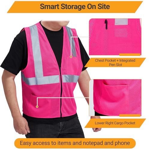 AYKRM 2 Pocket Mesh High Visibility Reflective Safety Vest for men & Women ANSI/ISEA 107 Standards - color: Pink, size: X-Small